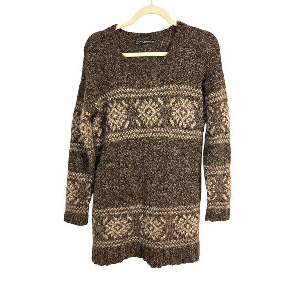 Peruvian Connection 100% Alpaca Brown Cream Fair Isle Long Sweater Women's S - Picture 1 of 11